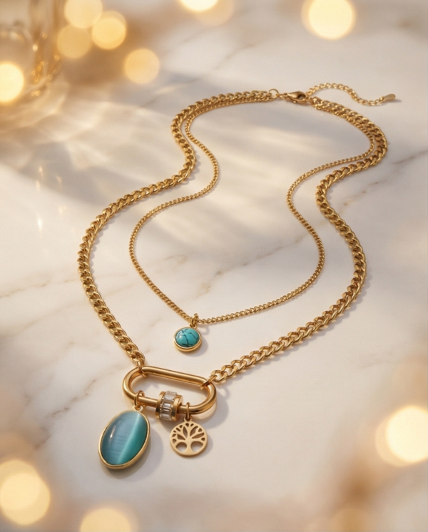 Κολιέ επιχρυσωμένο ατσάλι διπλό με τιρκουάζ