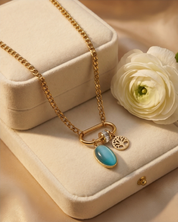 Κολιέ επιχρυσωμένο ατσάλι διπλό με τιρκουάζ