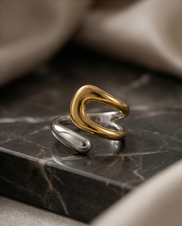 Δαχτυλίδι επιχρυσωμένο ατσάλι 18Κ χρυσό ασημί ανοιχτό σχέδιο