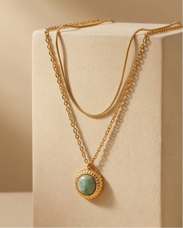 Κολιέ επιχρυσωμένο ατσάλι διπλό με γαλάζια πέτρα