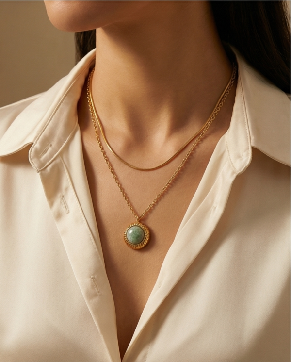 Κολιέ επιχρυσωμένο ατσάλι διπλό με γαλάζια πέτρα