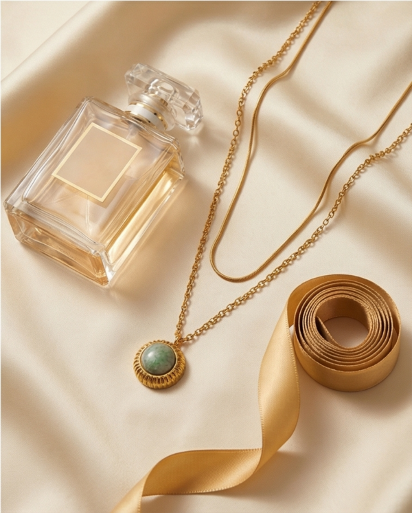 Κολιέ επιχρυσωμένο ατσάλι διπλό με γαλάζια πέτρα